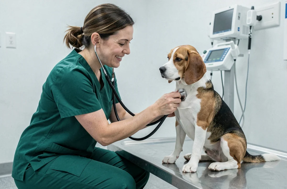 Vétérinaire examinant un beagle dans une clinique vétérinaire, illustrant l'importance des garanties d'une assurance chien