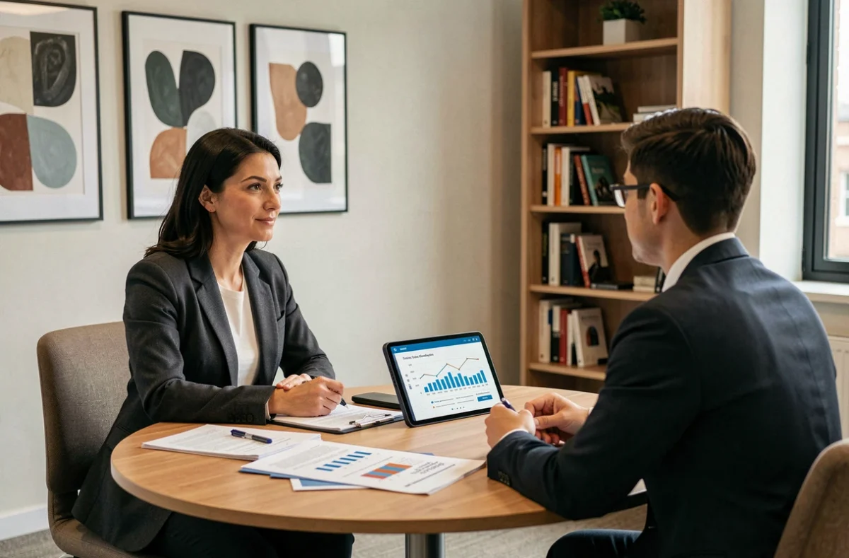 Conseillère de Vidal Finance Conseil présentant des options de financement immobilier à un couple