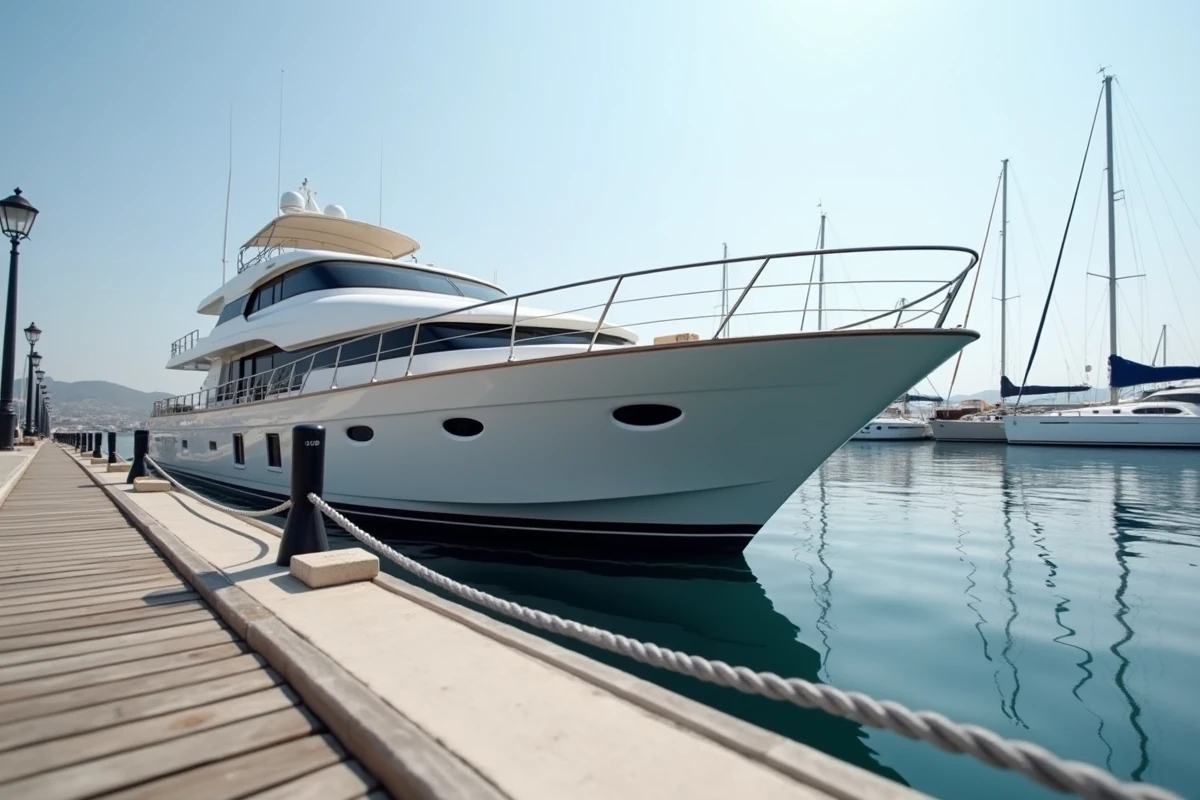 Yacht de luxe amarré dans un port méditerranéen illustrant la problématique de l'immatriculation fiscale en Andorre